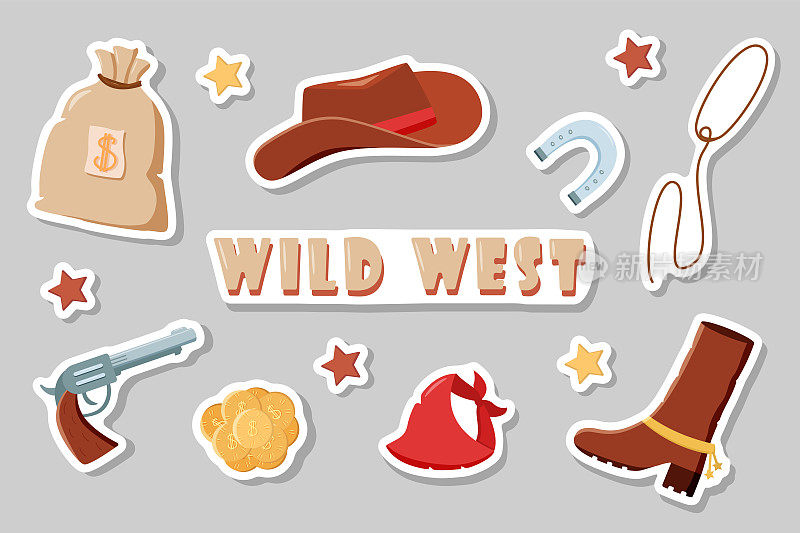 贴图Wild West矢量插图集。西部元素牛仔图标。帽子，围巾，靴子，套索，马蹄铁，包和钱，手枪和香烟。